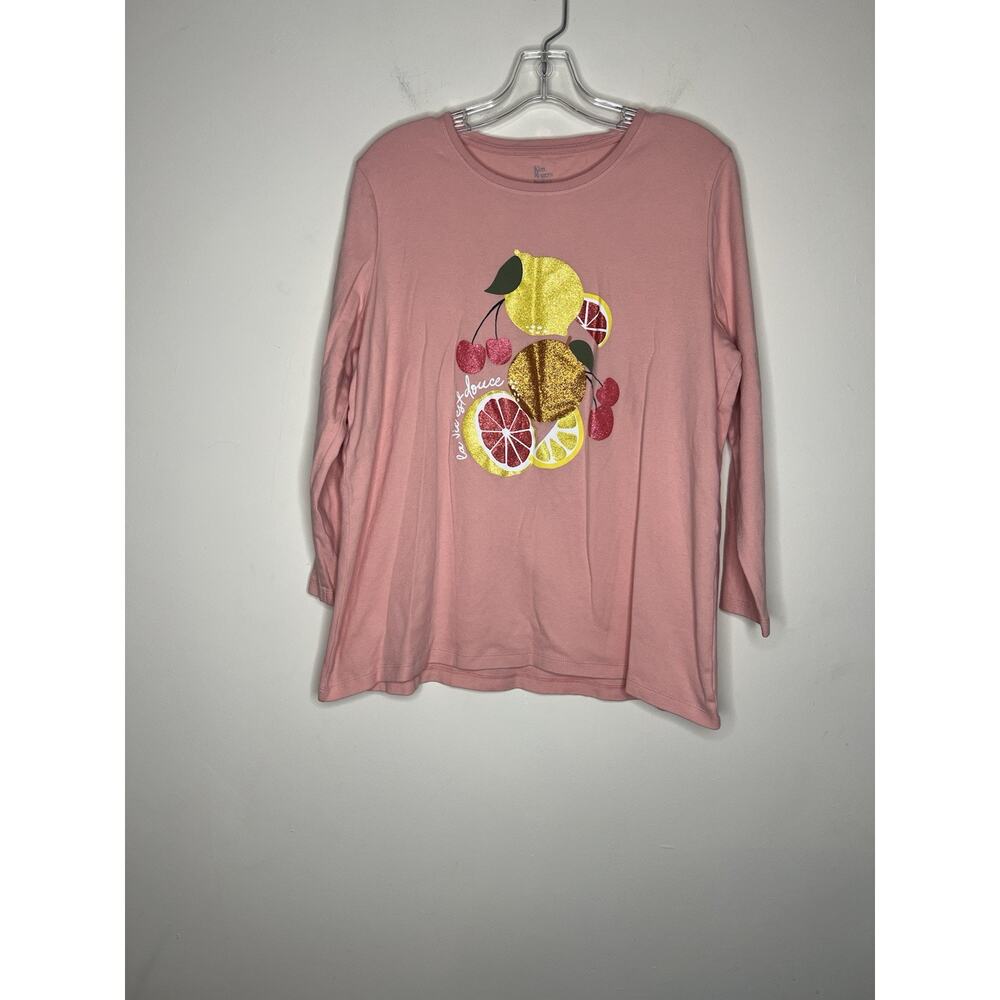 Kim Rogers Womens Tee Size XXL Pink Lemon Cherry Graphic Perfectly Soft Comfort